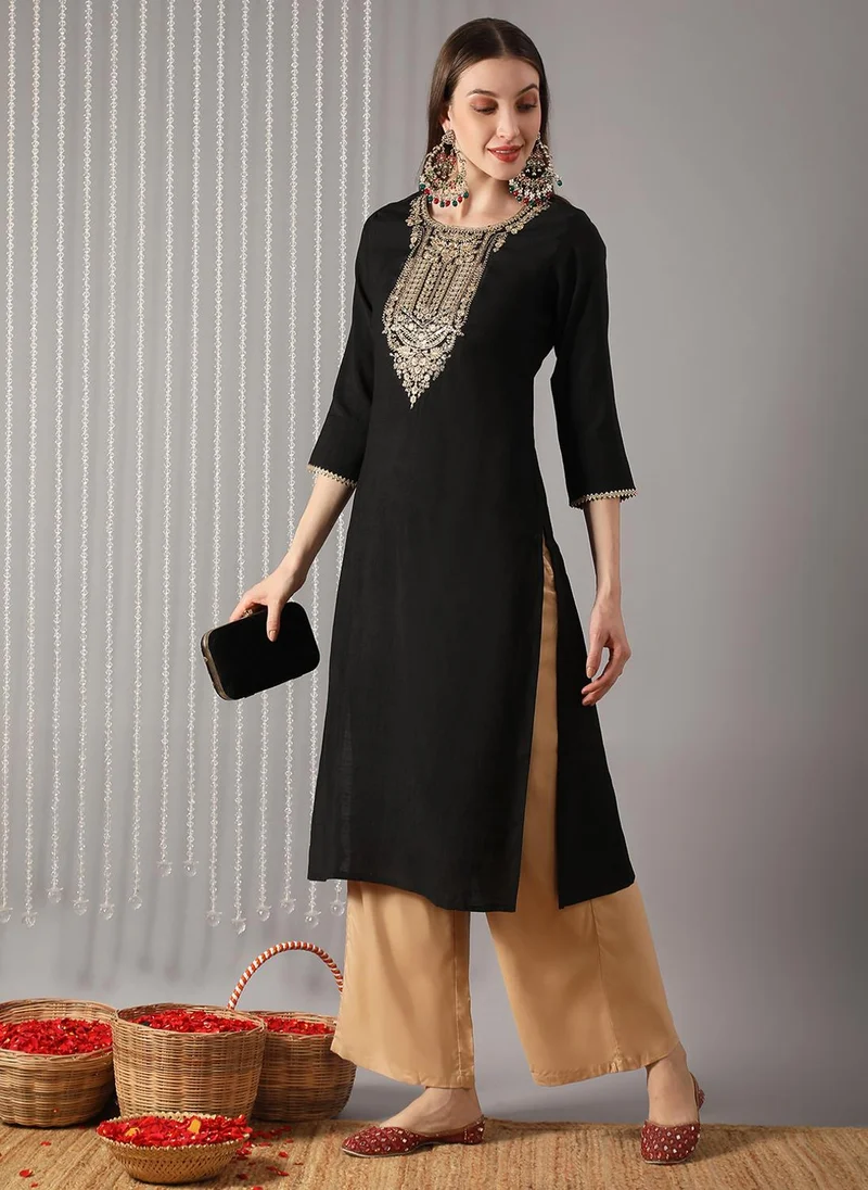 globus Globus Women Black Sequin Embroidered Round Neck Gotta Patti Sleeves Hem Straight Festive Kurta